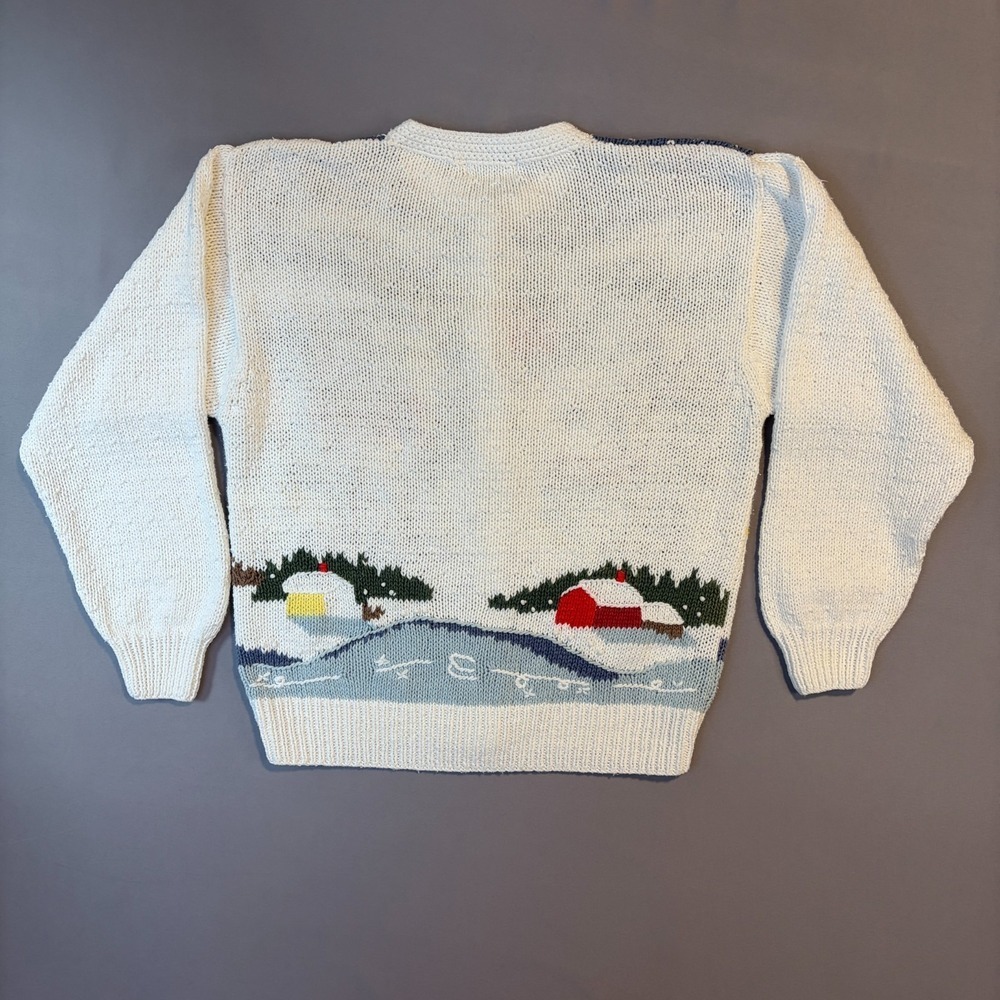 Vintage Winter Town Orvis 3D Cardigan 90s Embroidered Snow Ski Village Sweater L - Picture 6 of 7